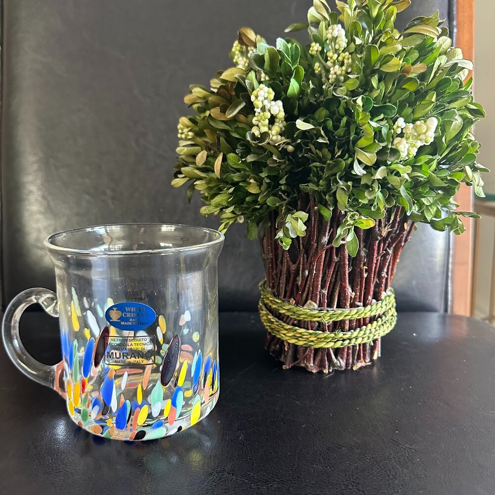 Murano-Style White Cristal Brand Muliti Colorful 16oz Glass Mug Made in Italy